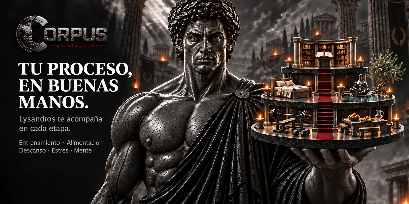 CORPUS &middot; Kalokagath&iacute;a &mdash; Tu proceso, en buenas manos. Lysandros te acompa&ntilde;a en cada etapa: entrenamiento, alimentaci&oacute;n, descanso, estr&eacute;s y mente.